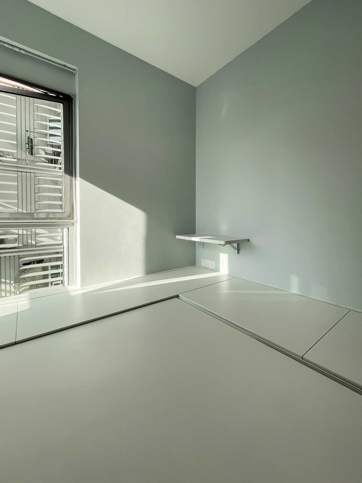 Scandinavian Bedroom with Built-in Bed and Window Grille