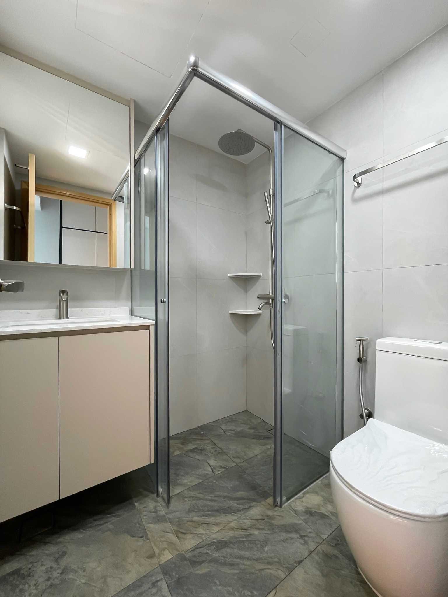 Scandinavian Bathroom with Shower Screen and Bathroom Storage