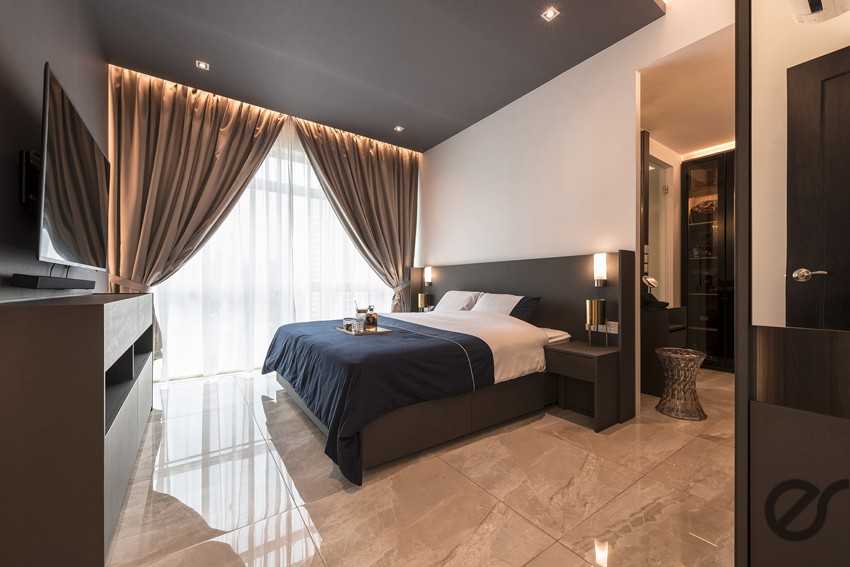 Contemporary Bedroom with Bay Window and Cove Lighting