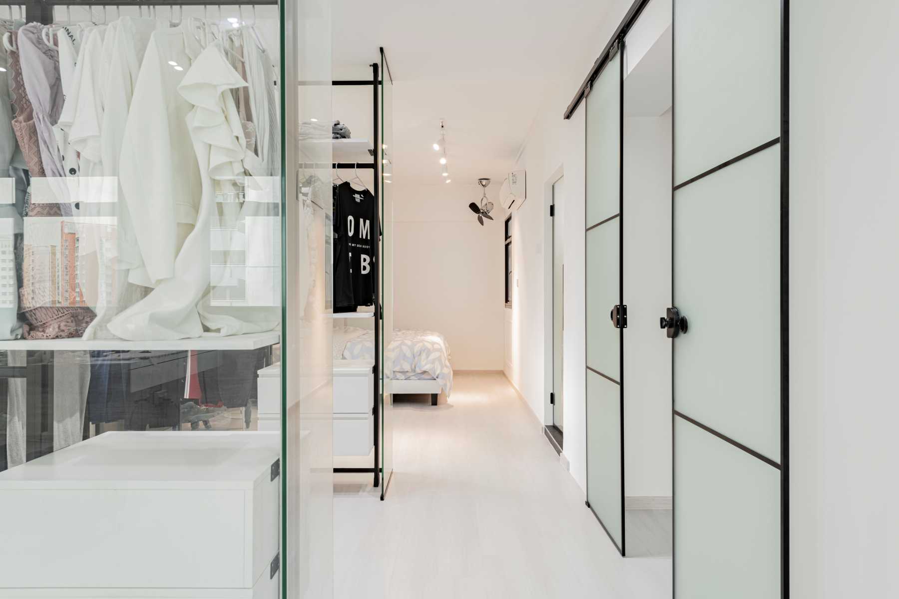 Minimalist Bedroom with Vinyl Flooring and Drop Ceiling