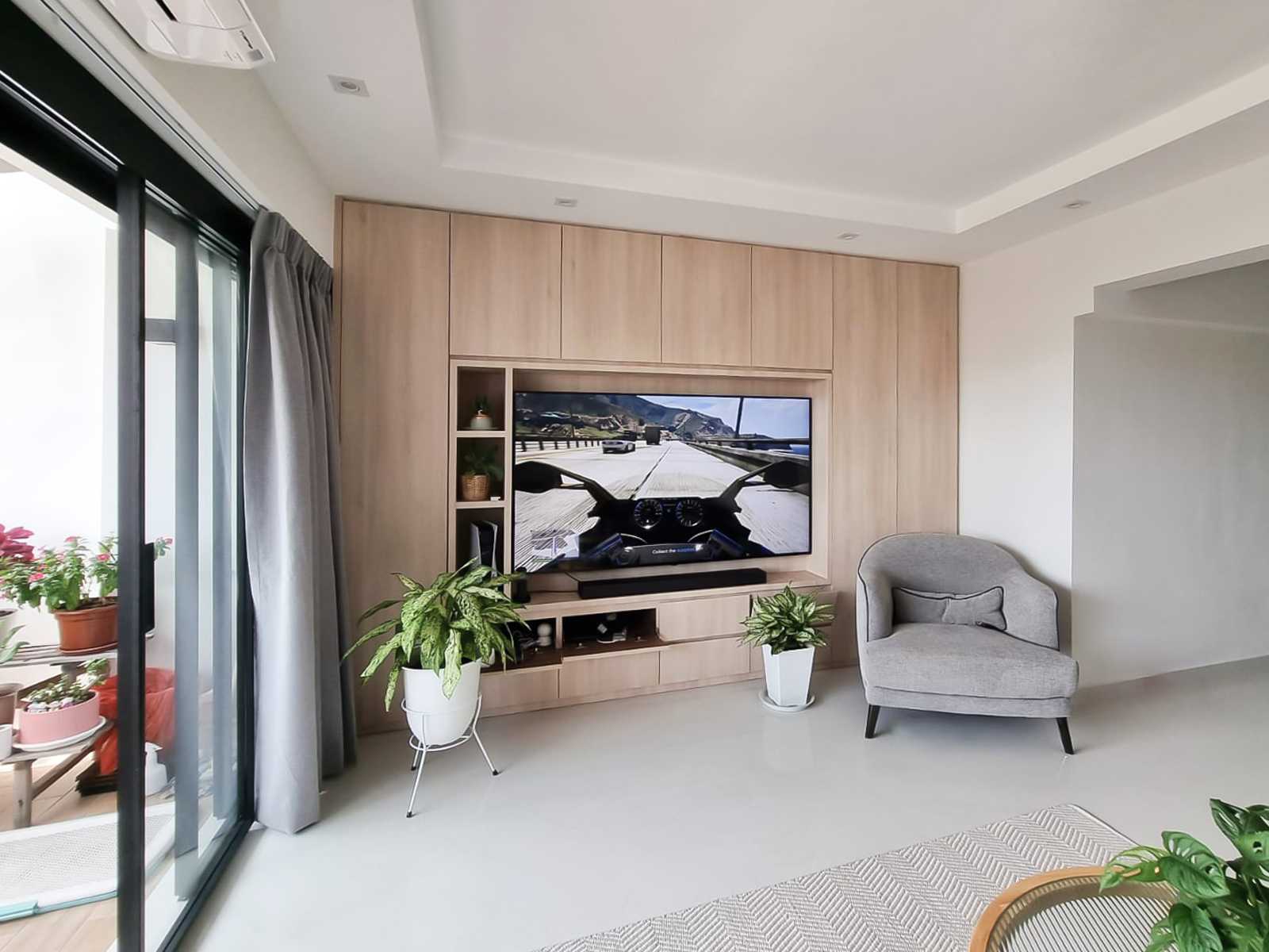Scandinavian Living Room with TV Console and Glass Door