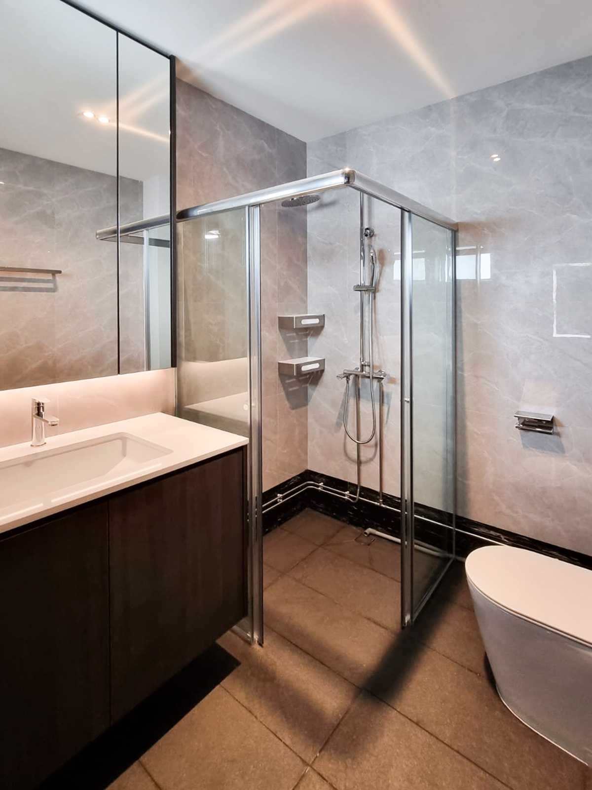 Scandinavian Bathroom with Shower Screen and Bathroom Storage