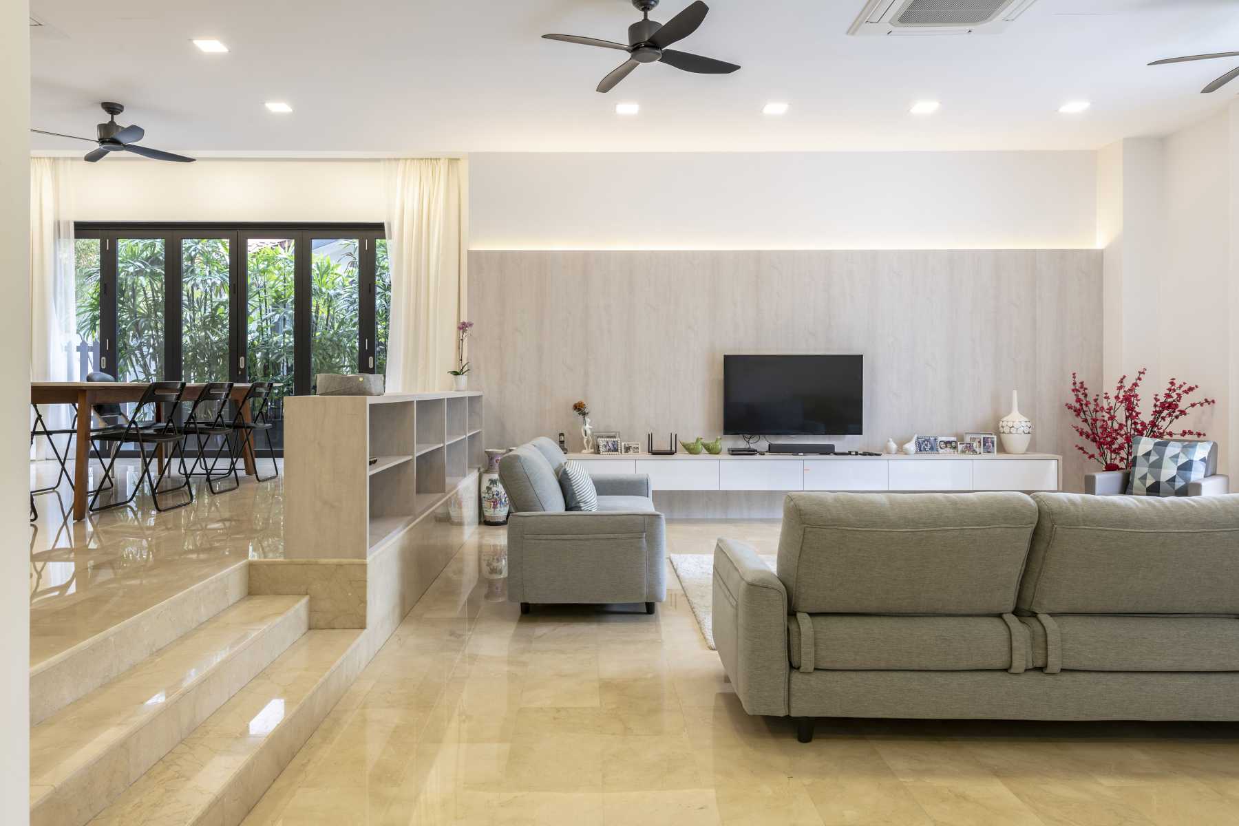 Contemporary Living Room with Marble Floor and TV Console