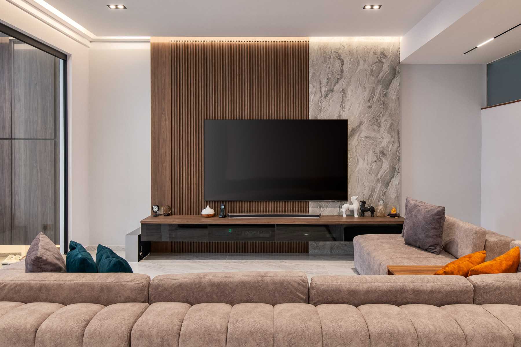 Contemporary Living Room with TV Console and Feature Wall