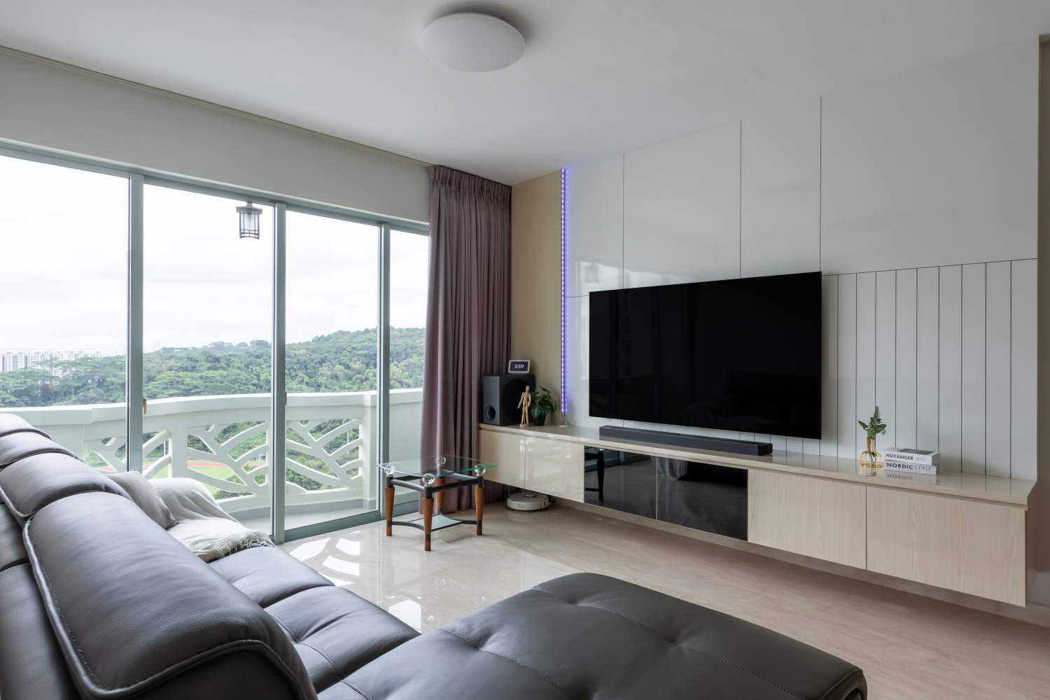 Minimalist Living Room with Marble Floor and TV Console