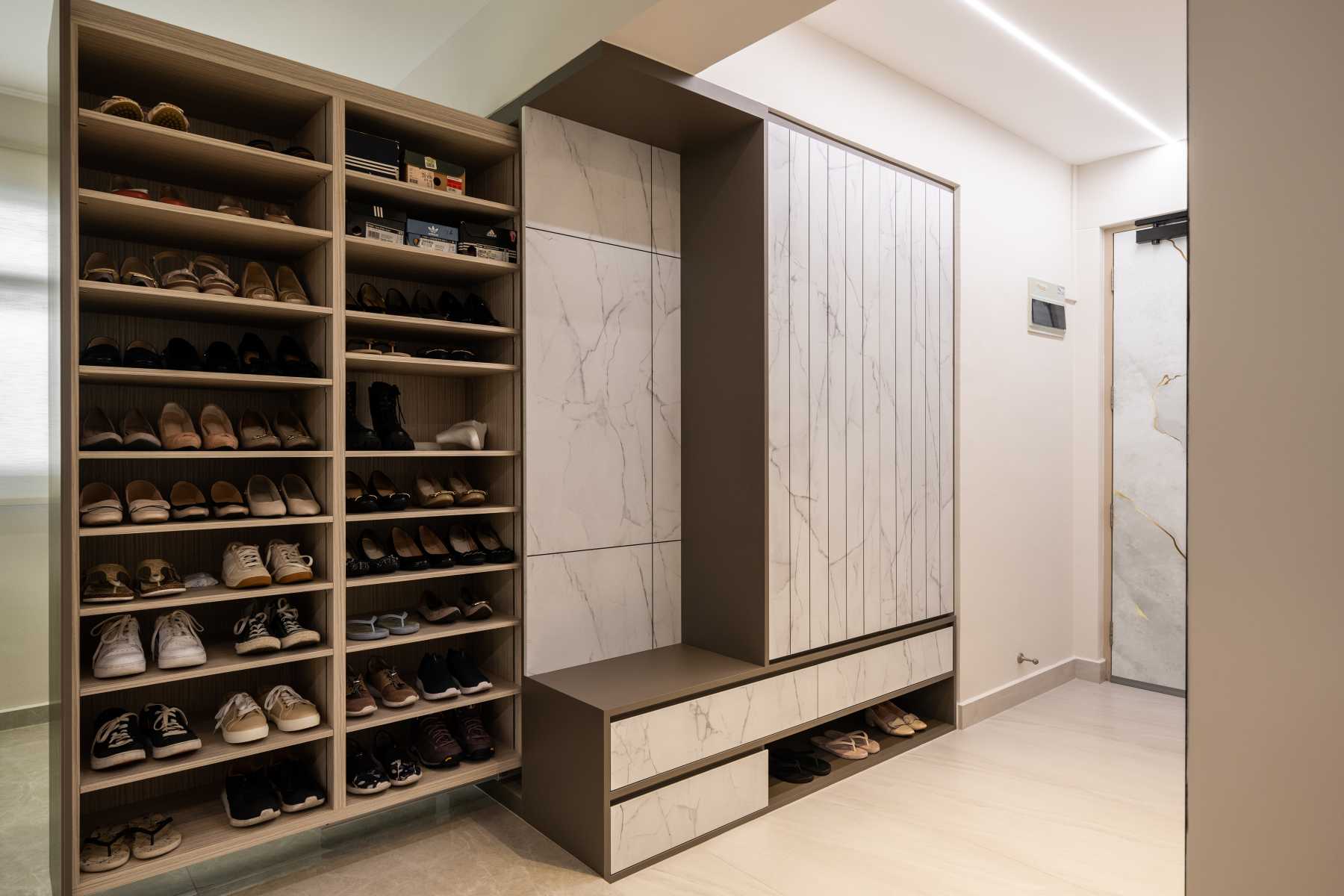 Modern Entryway with Seating Bench and Shoe Rack