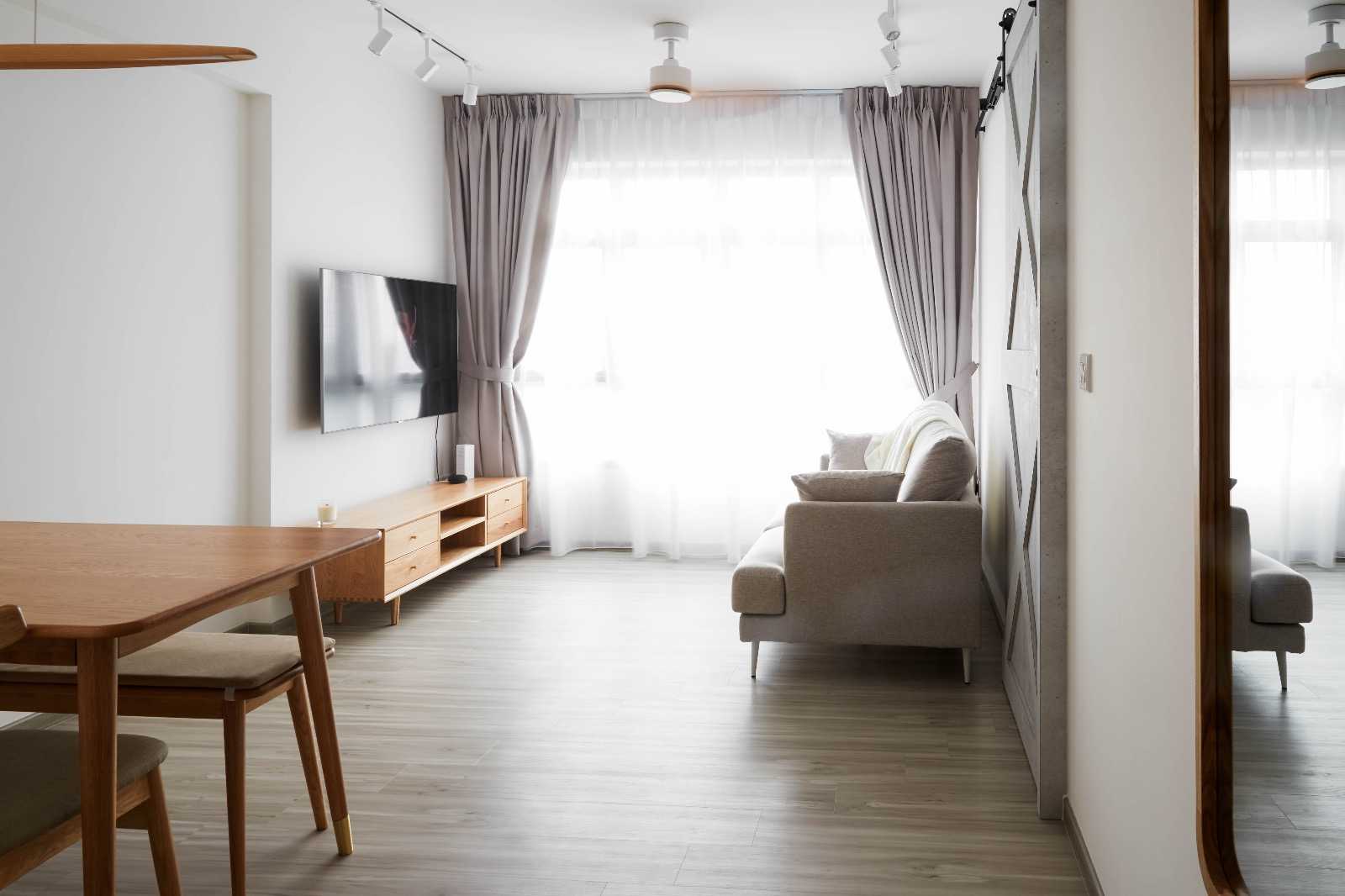 Scandinavian Living Room with Vinyl Flooring and TV Console