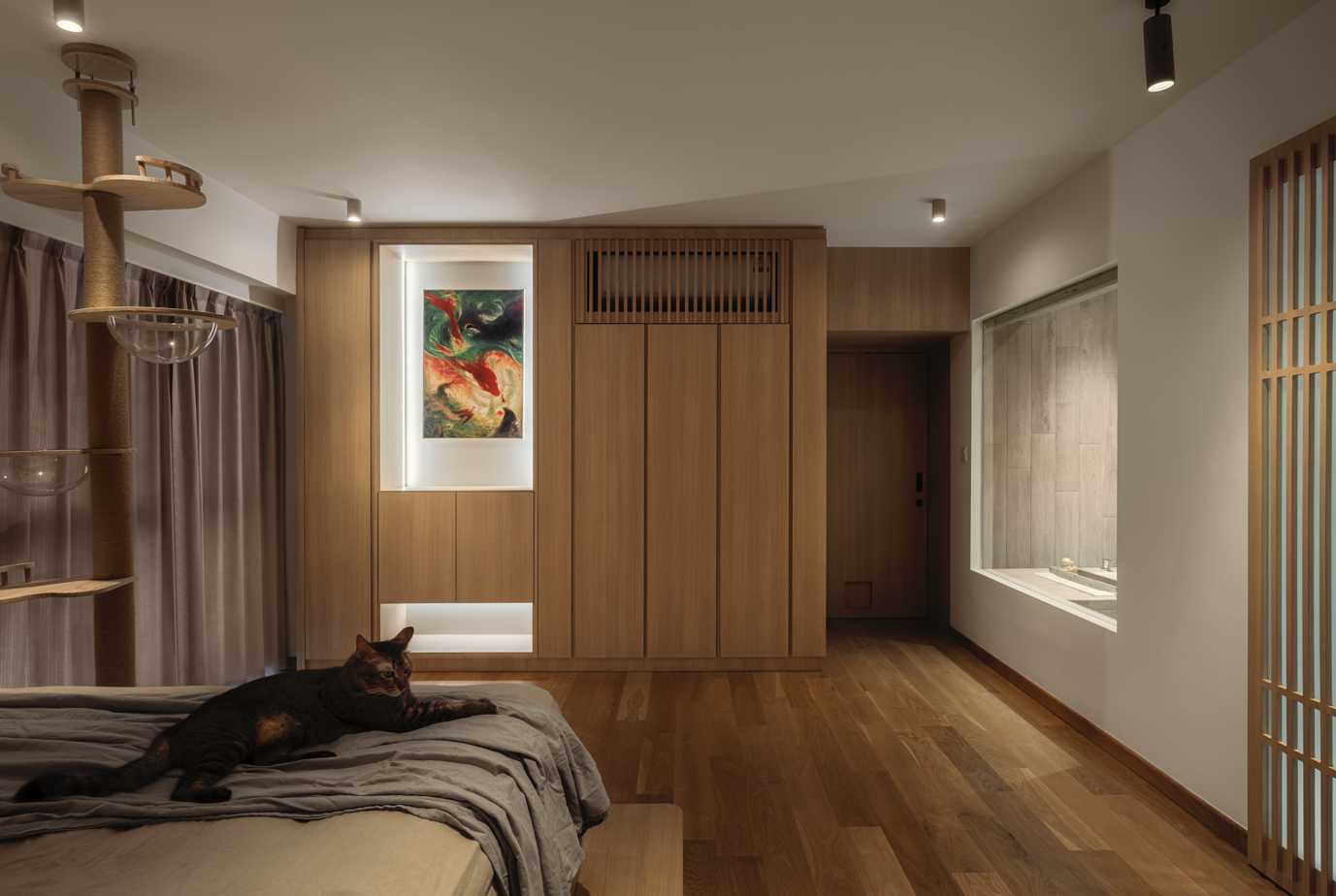 Contemporary Bedroom with Roller Blinds and Clothes Storage