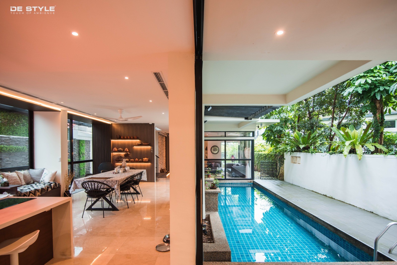 Asian Pool with Awning and Metal Gate