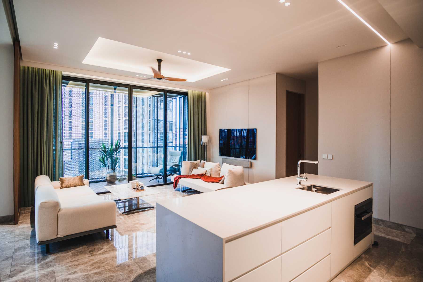 Minimalist Living Room with Marble Floor and Feature Wall