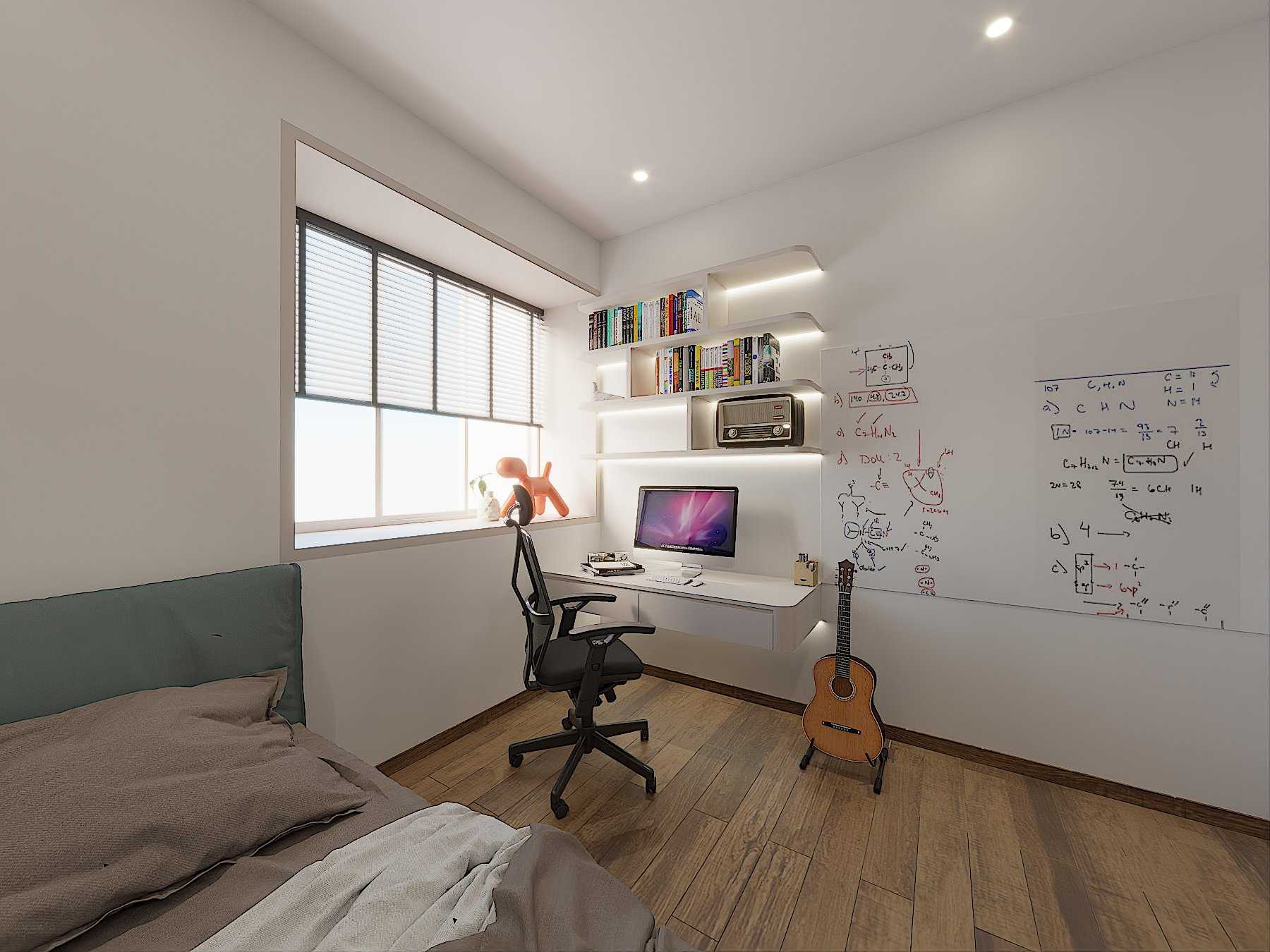 Minimalist Bedroom with Bookshelf and Homogeneous Tiles