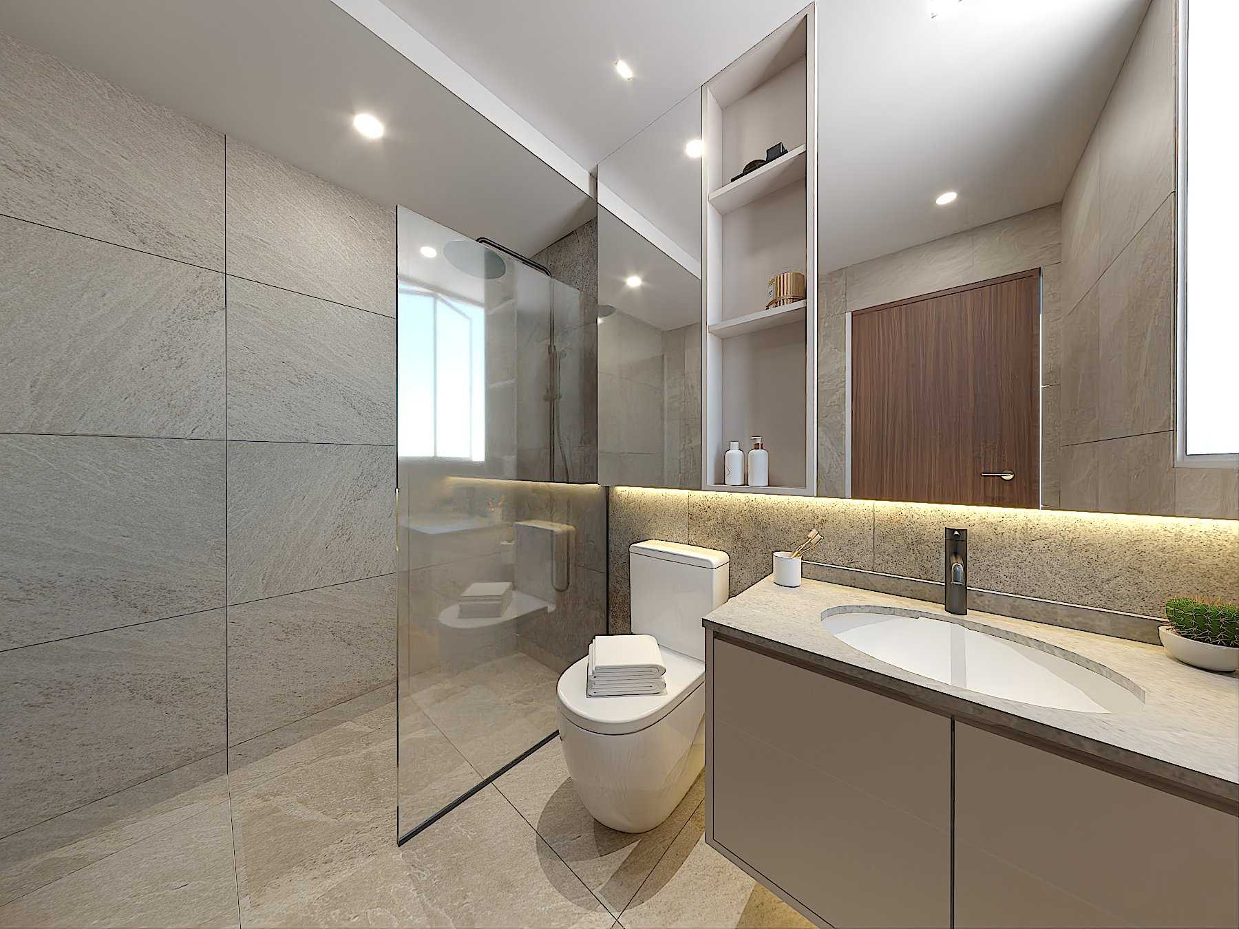 Minimalist Bathroom with Countertop and Homogeneous Tiles