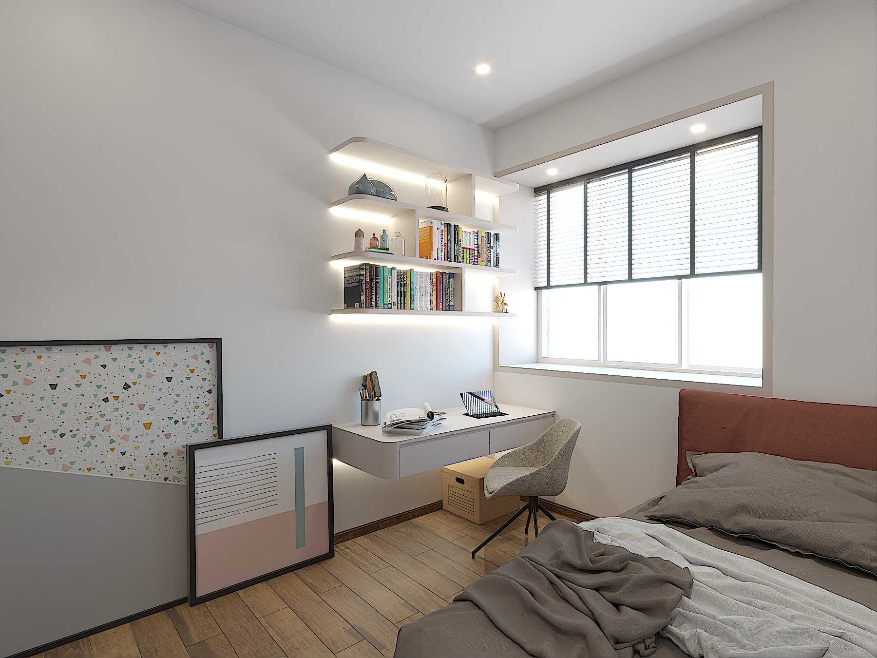 Minimalist Bedroom with Bookshelf and Homogeneous Tiles