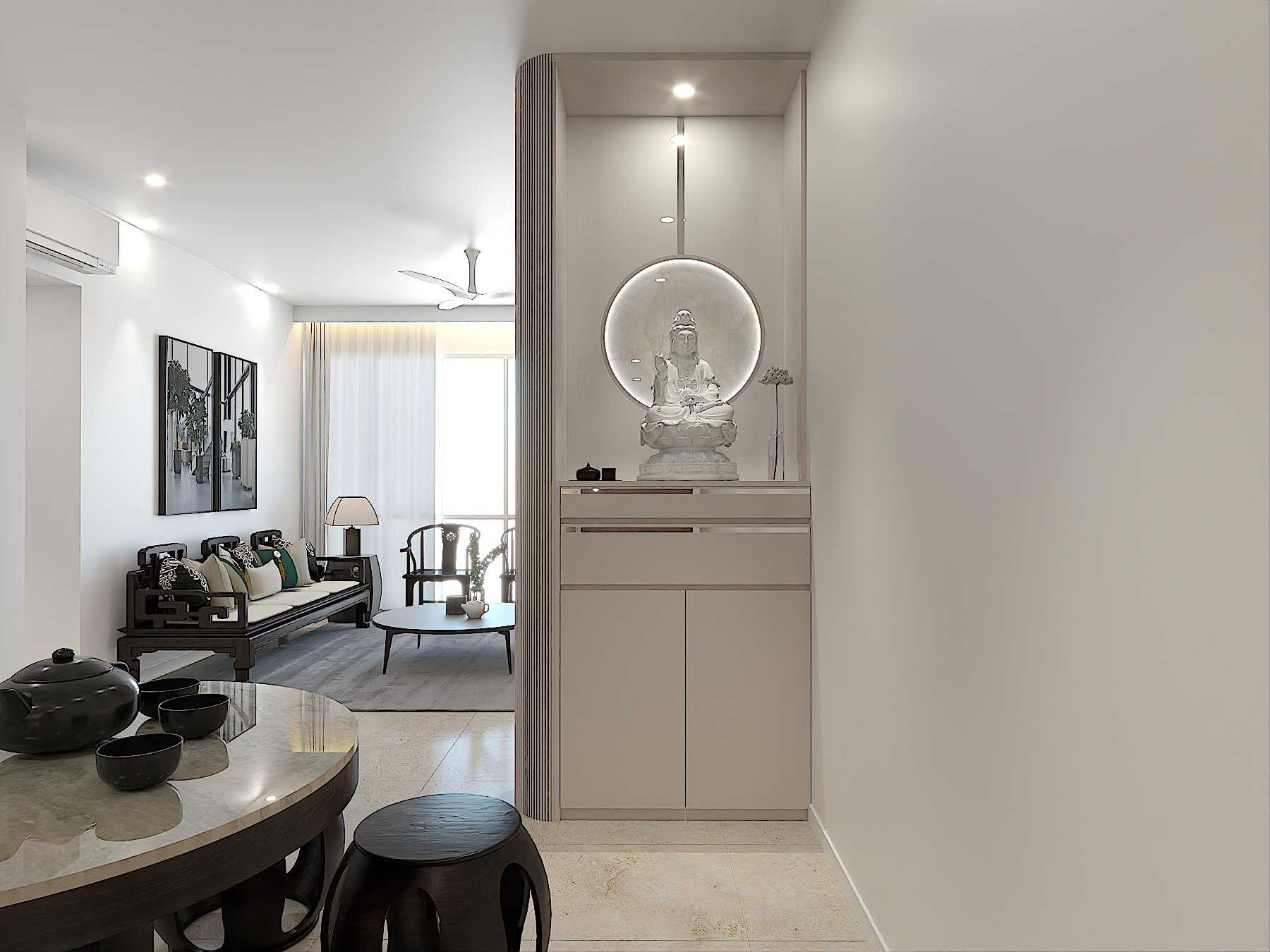 Minimalist Living Room with Marble Floor and Ceiling Light