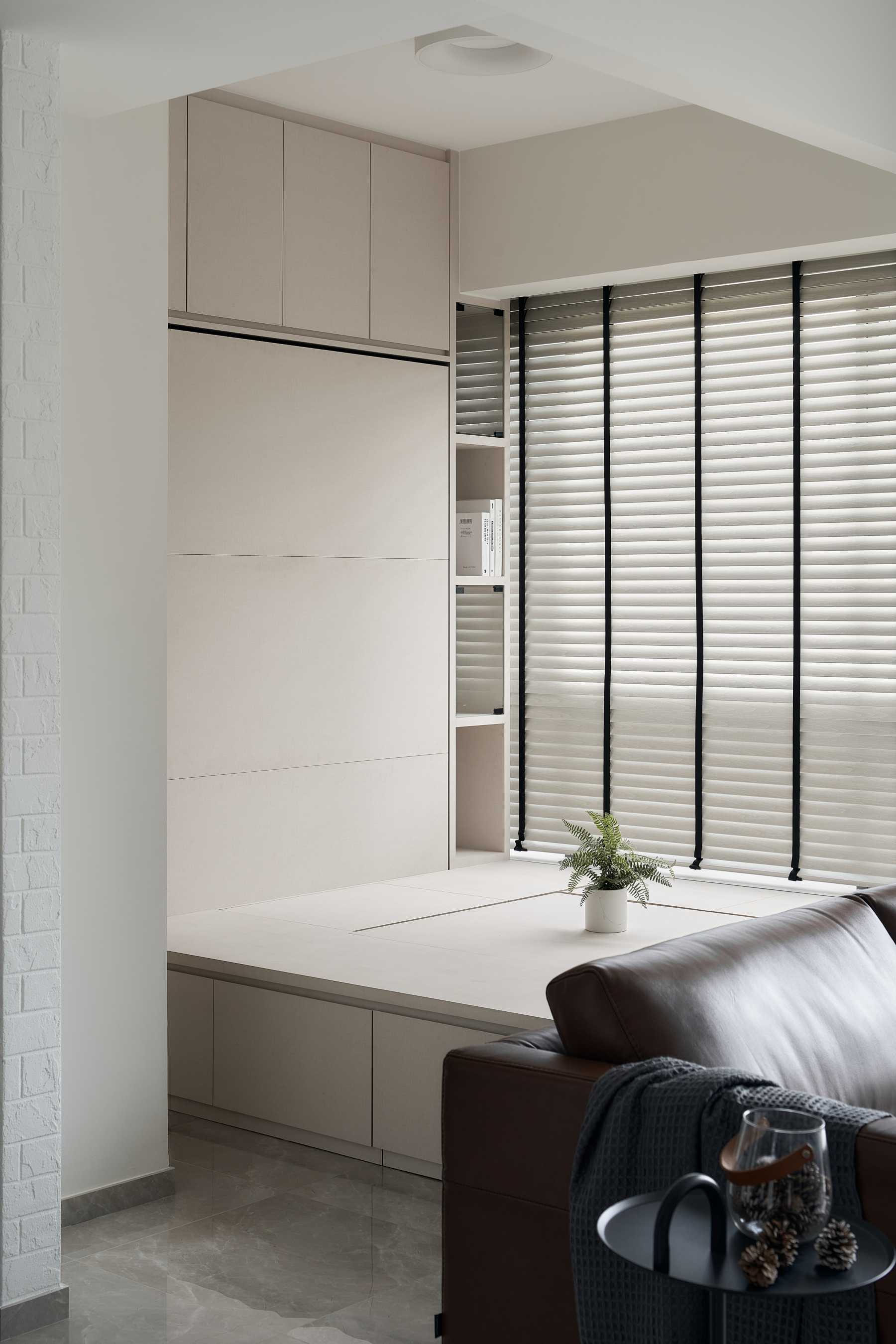 Modern Living Room with Bookshelf and Platform Bed