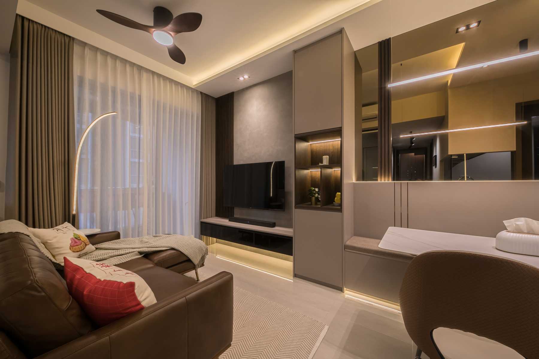Contemporary Living Room with TV Console and Drop Light