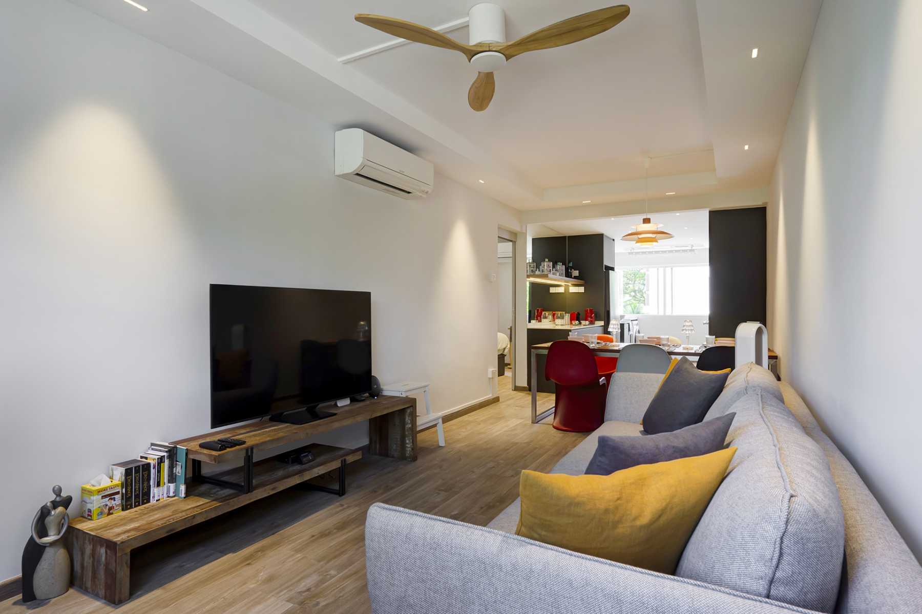 Contemporary Living Room with Vinyl Flooring and Downlights