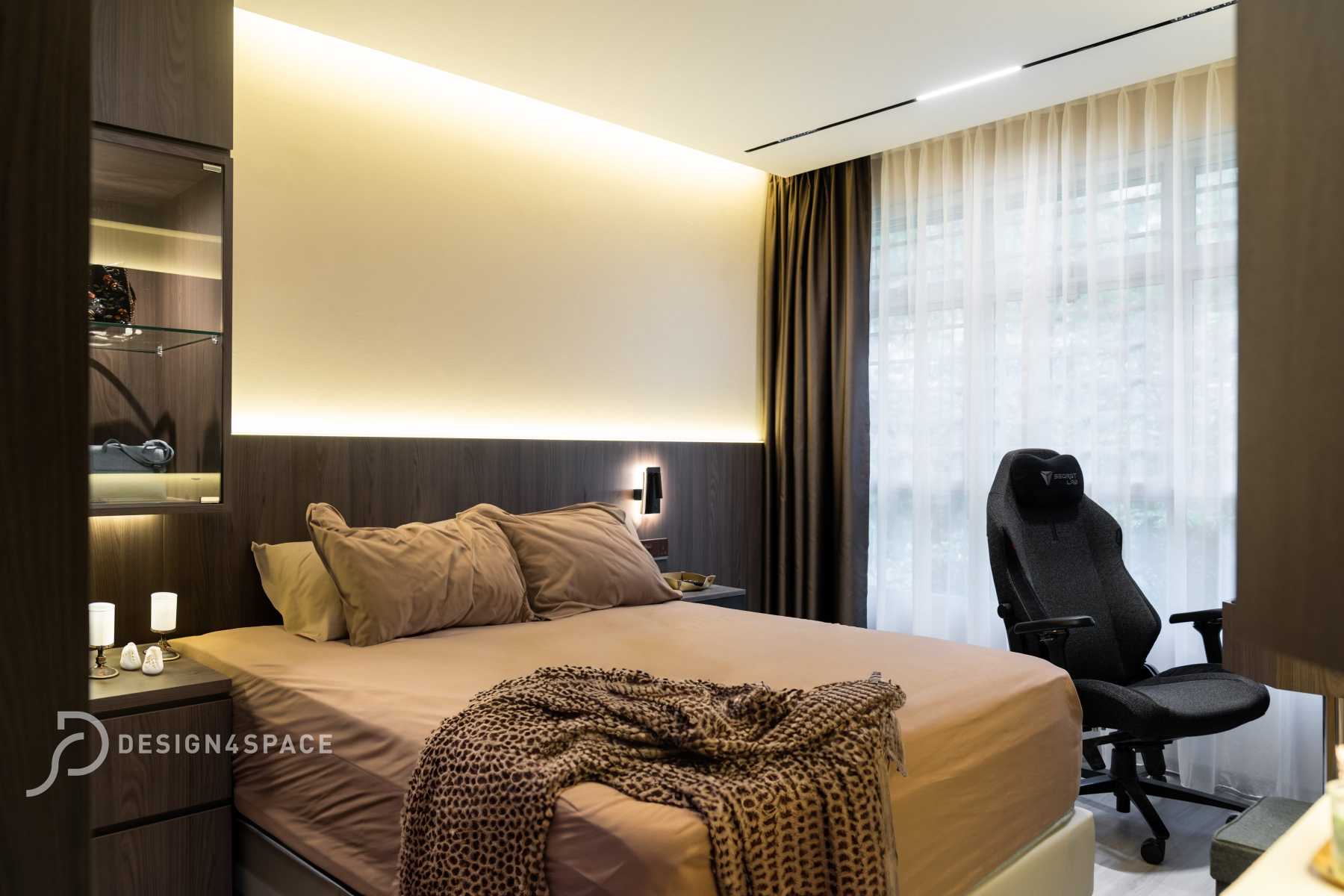 Modern Bedroom with Wood Flooring and Built-in Bed