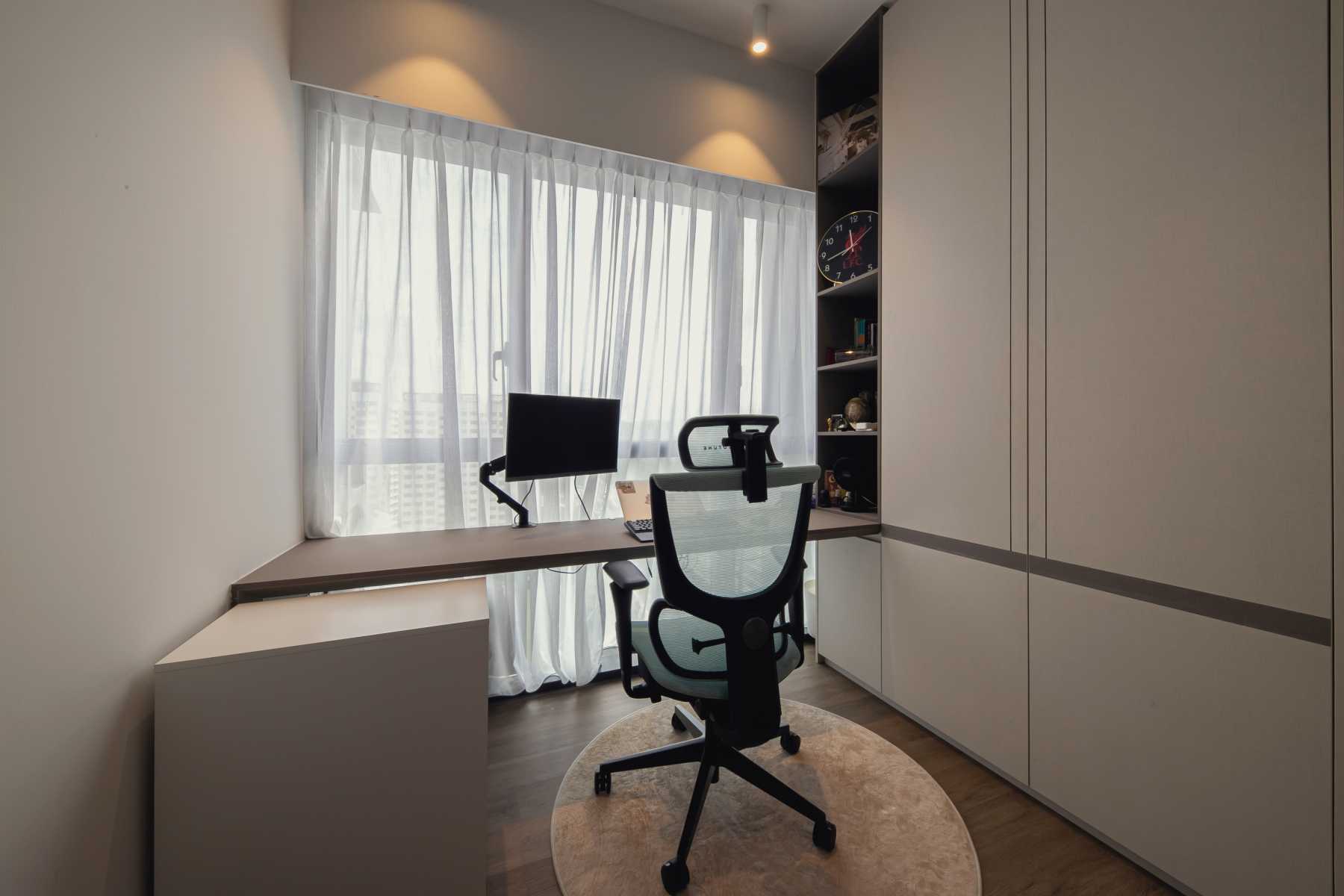 Contemporary Home Office with Wallpaper and Small Storage