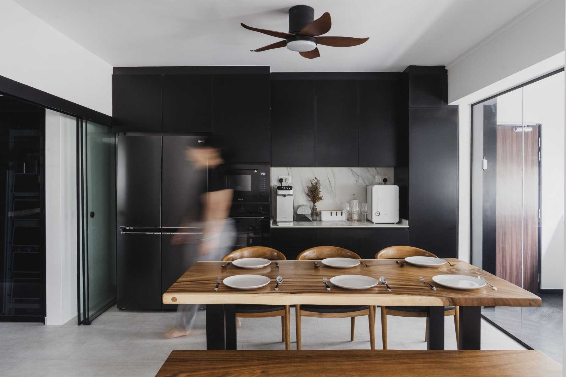 Contemporary Kitchen with Glass Door and Ceiling Fan