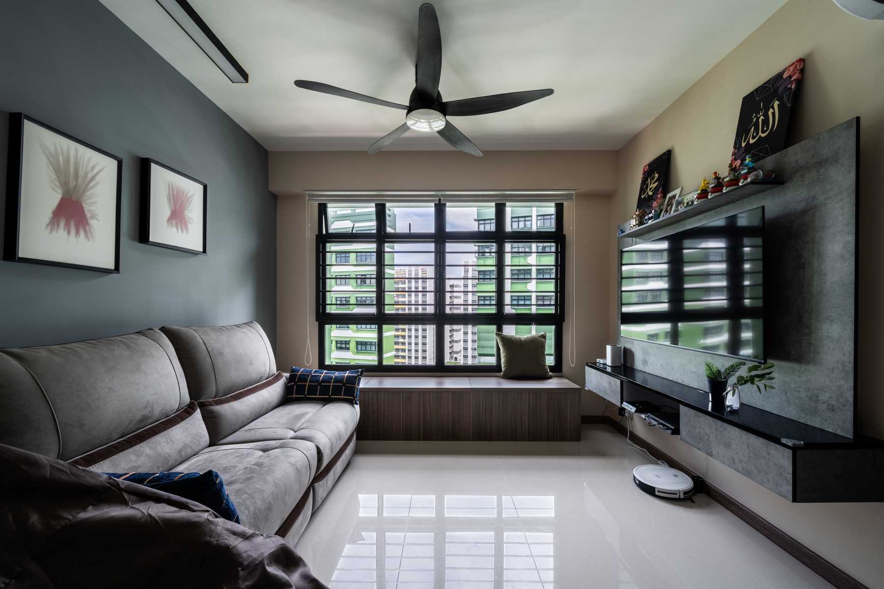 Contemporary Living Room with TV Console and Feature Wall