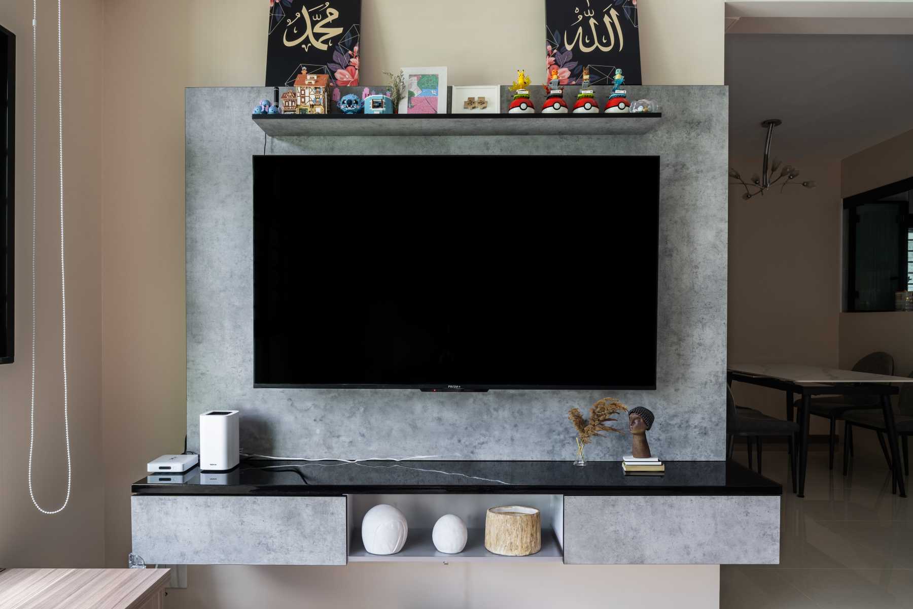 Contemporary Living Room with Herringbone Tiling and TV Console