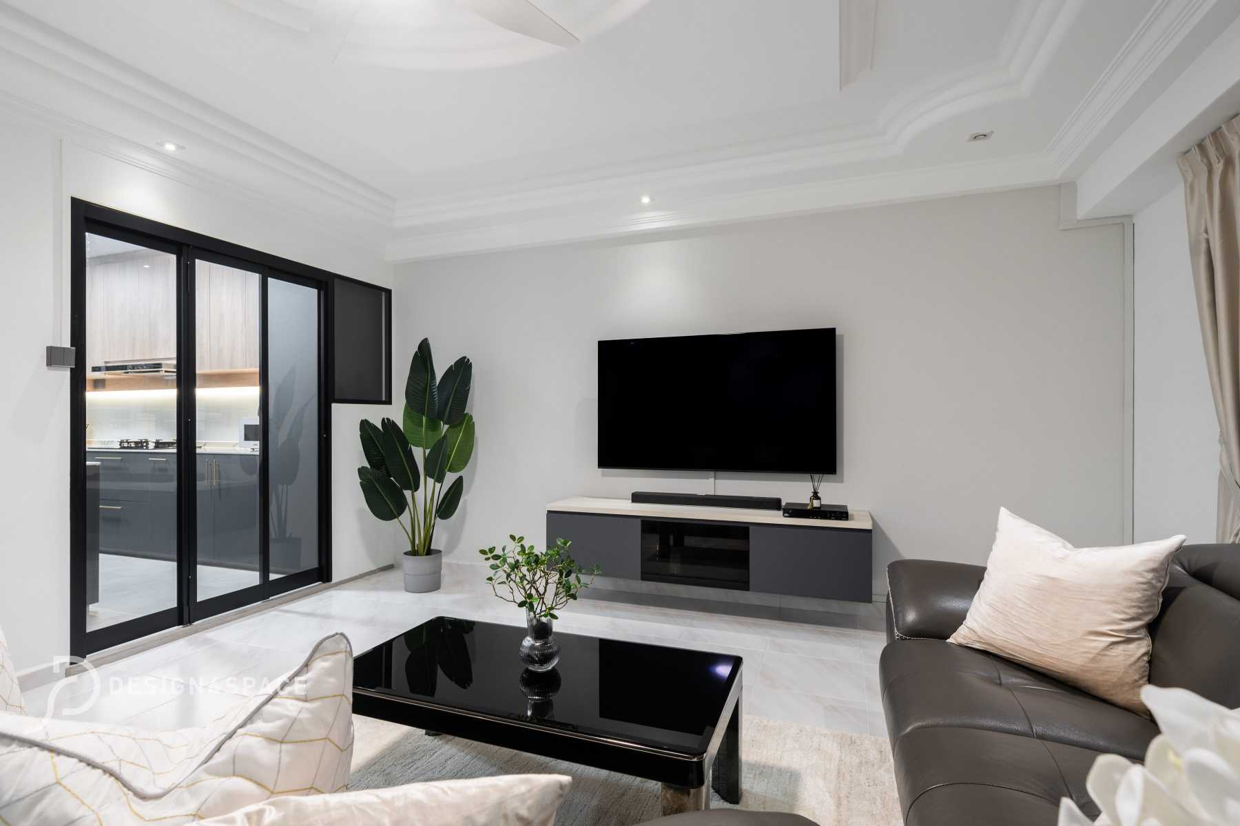 Contemporary Living Room with TV Console and Feature Wall