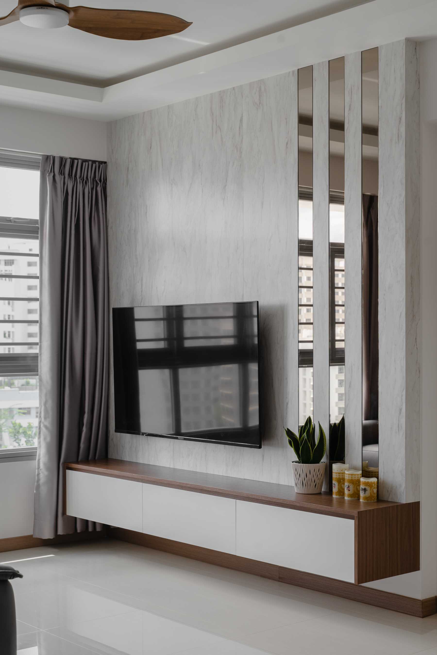Contemporary Living Room with TV Console and Mirror