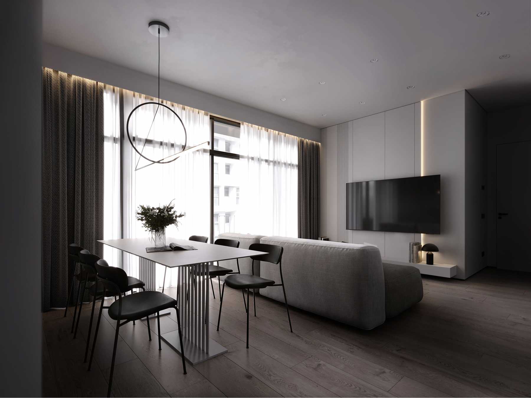 Minimalist Living Room with Wood Flooring and Feature Wall