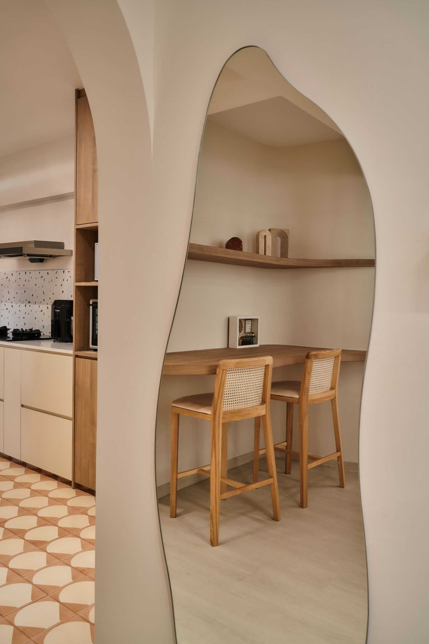 Scandinavian Living Room with Bookshelf and Mirror
