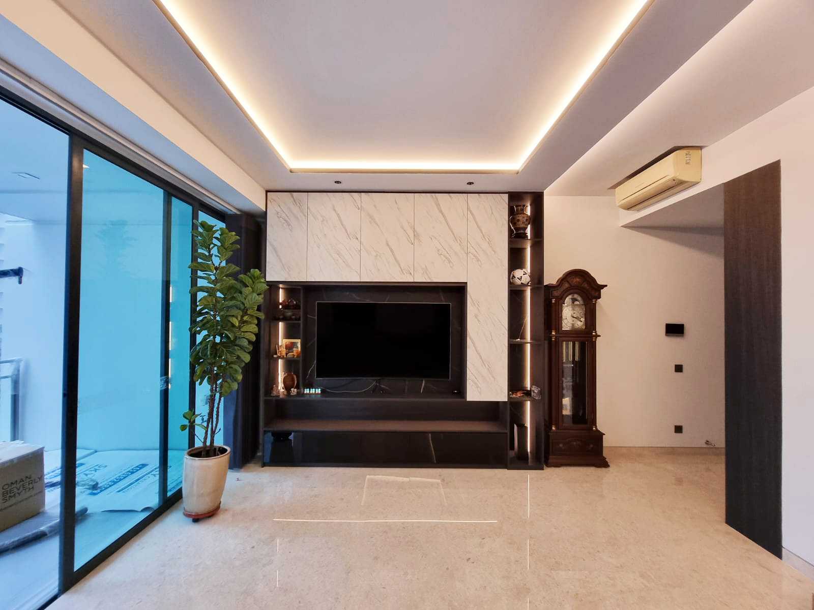 Scandinavian Living Room with Wood Flooring and TV Console