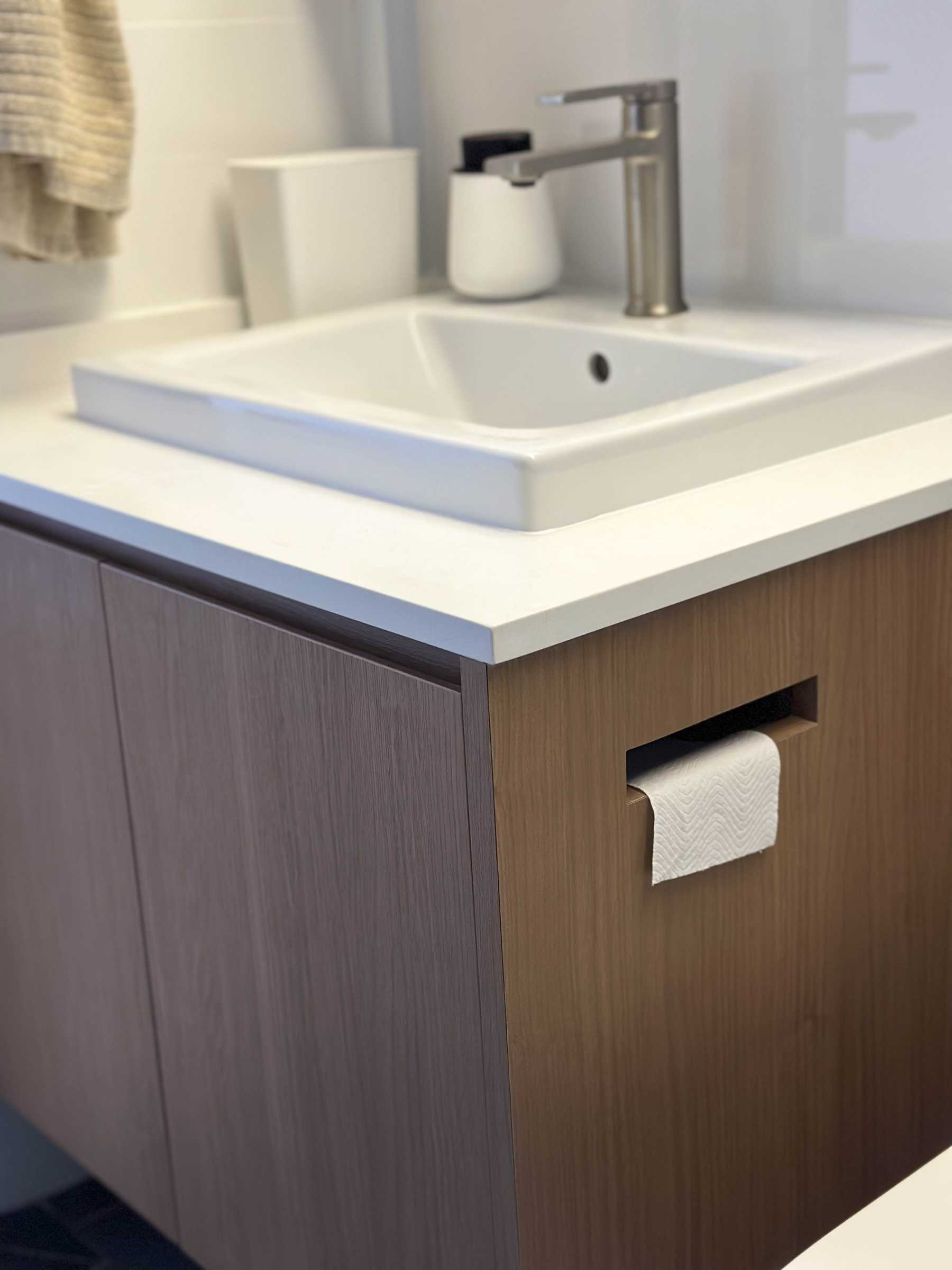 Scandinavian Bathroom with Cement Floor and Mirror
