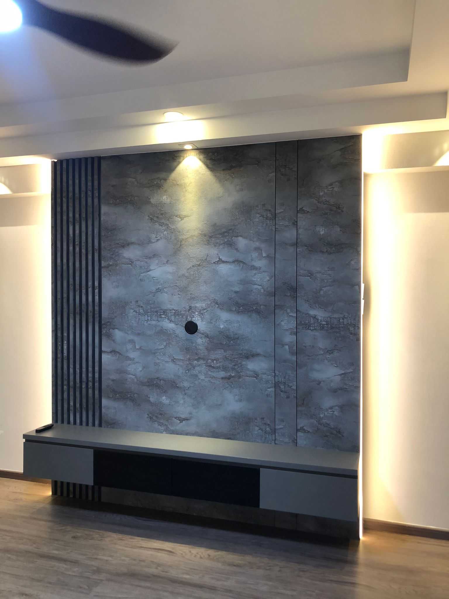 Scandinavian Living Room with TV Console and Feature Wall