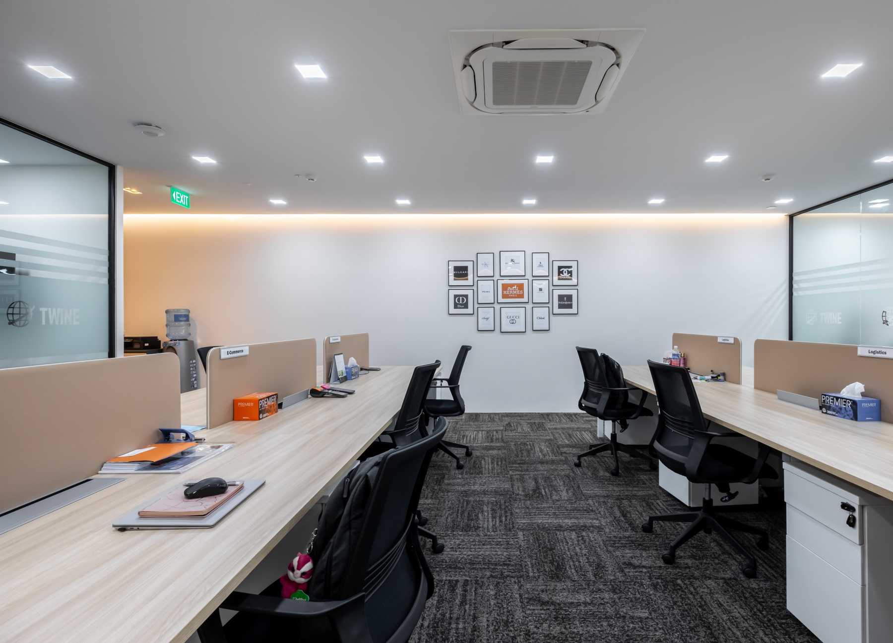 Contemporary Office with Glass Door and Carpet