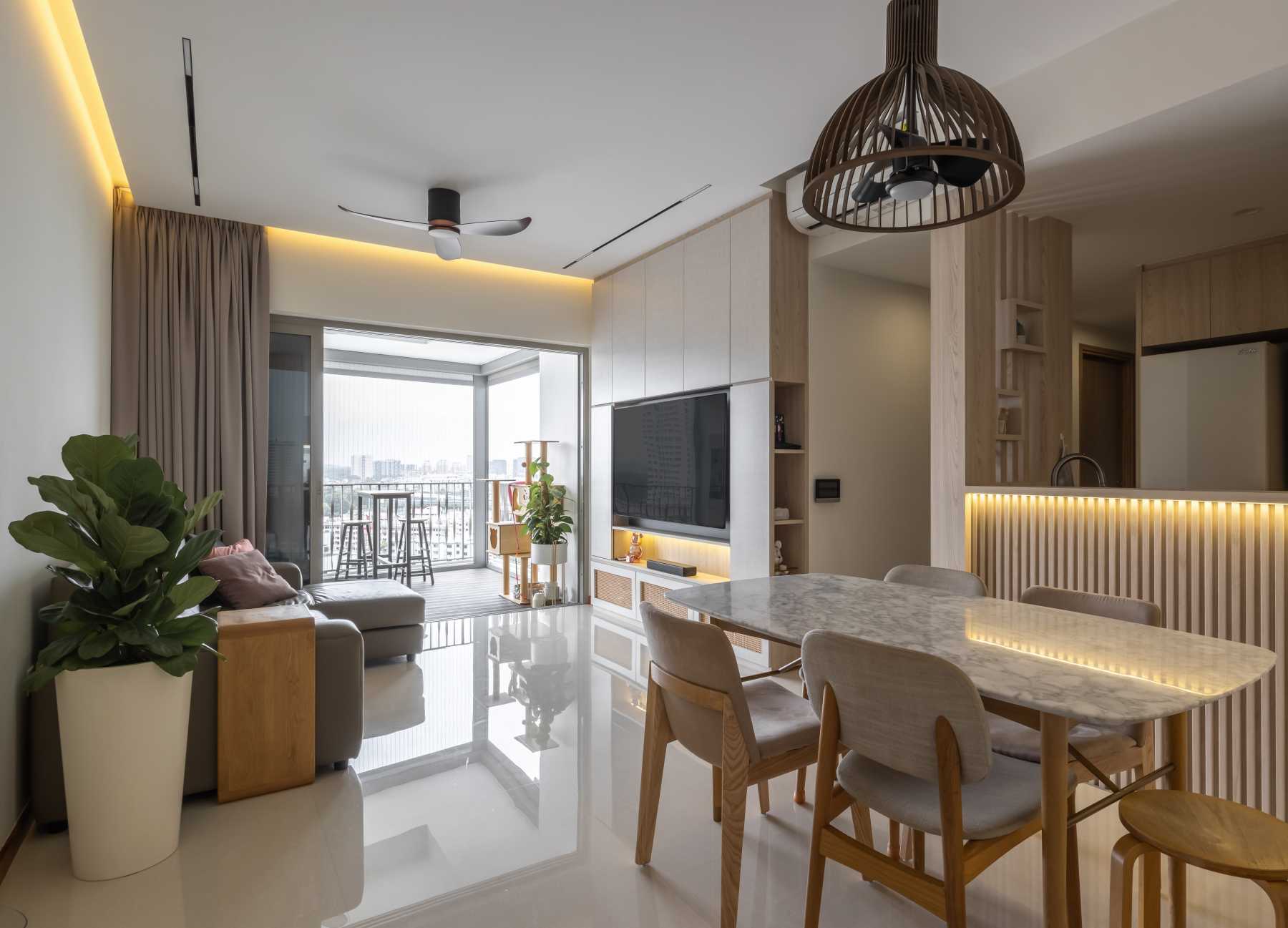 Contemporary Living Room with TV Console and Feature Wall