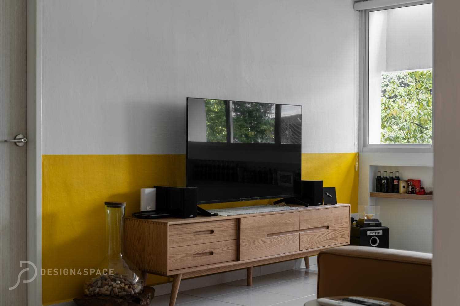 Contemporary Living Room with Homogeneous Tiles and TV Console