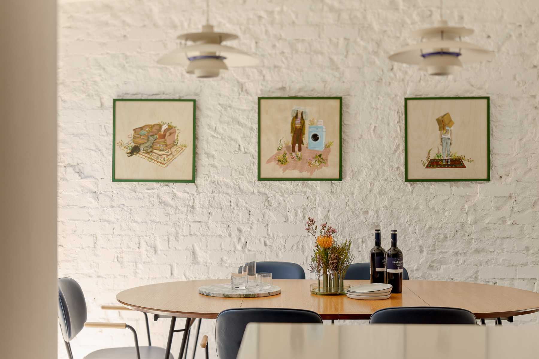 Eclectic Dining Room with Feature Wall and Dining Table