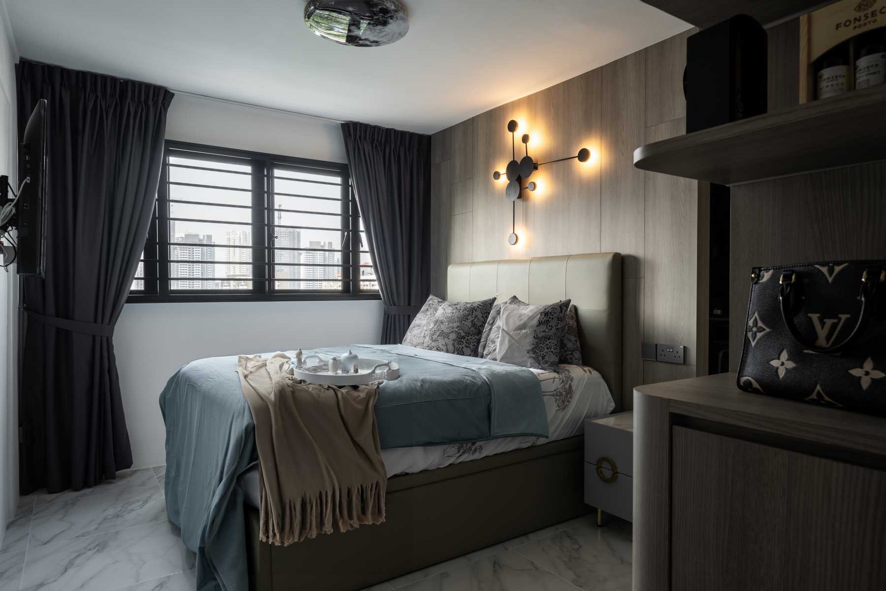 Modern Bedroom with Homogeneous Tiles and Wardrobe