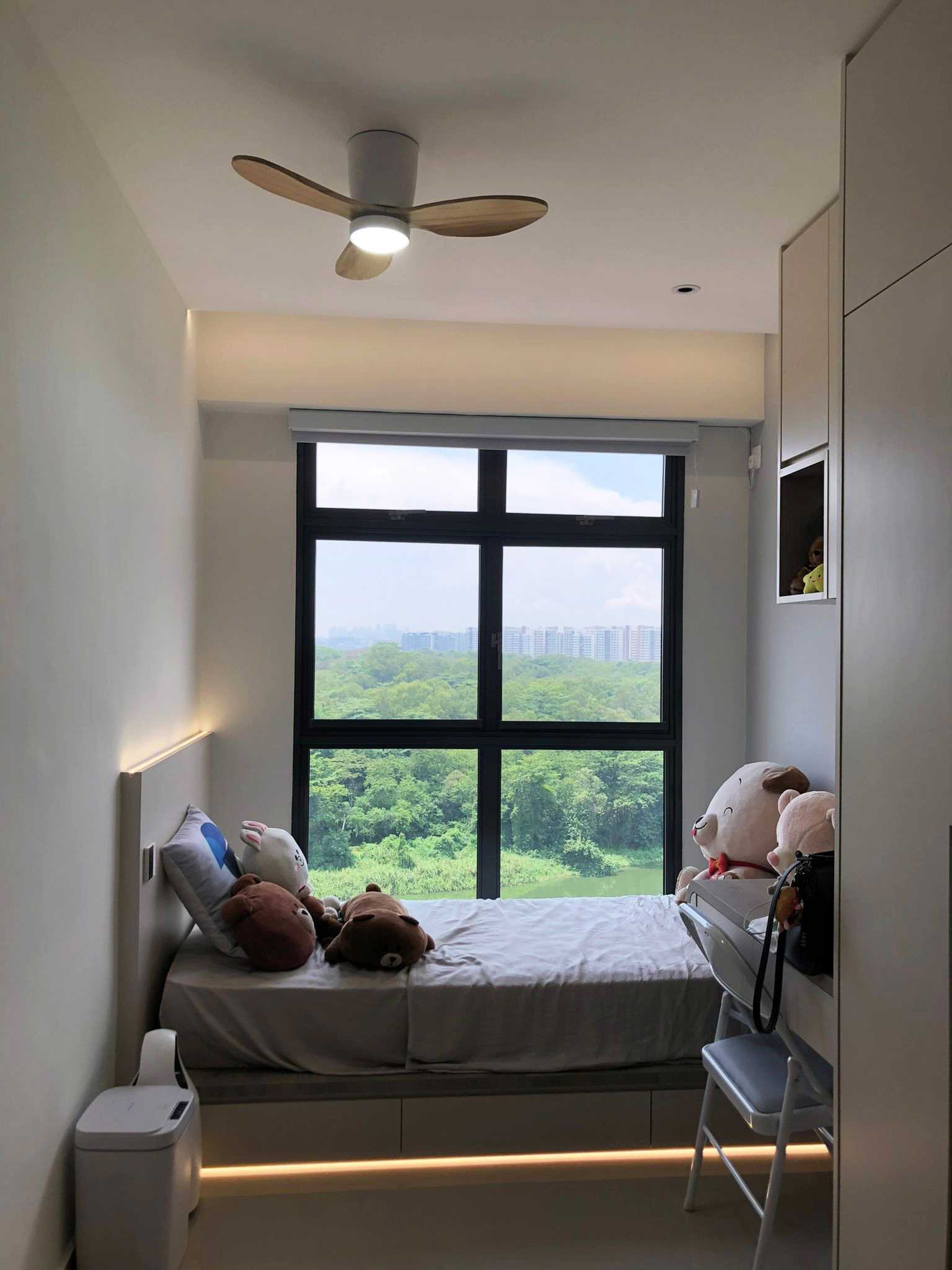 Scandinavian Bedroom with Cove Lighting and Built-in Bed