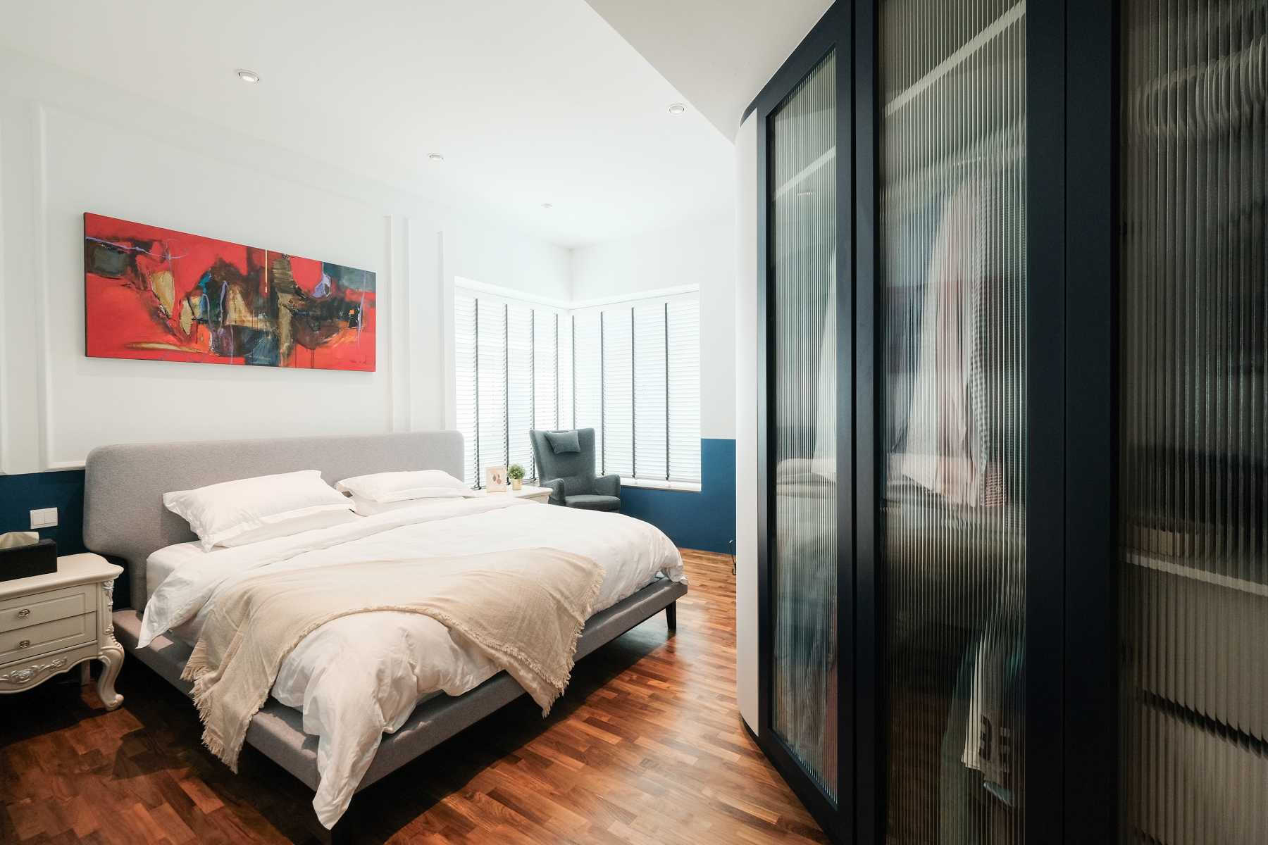 Modern Bedroom with Parquet Floor and Wardrobe