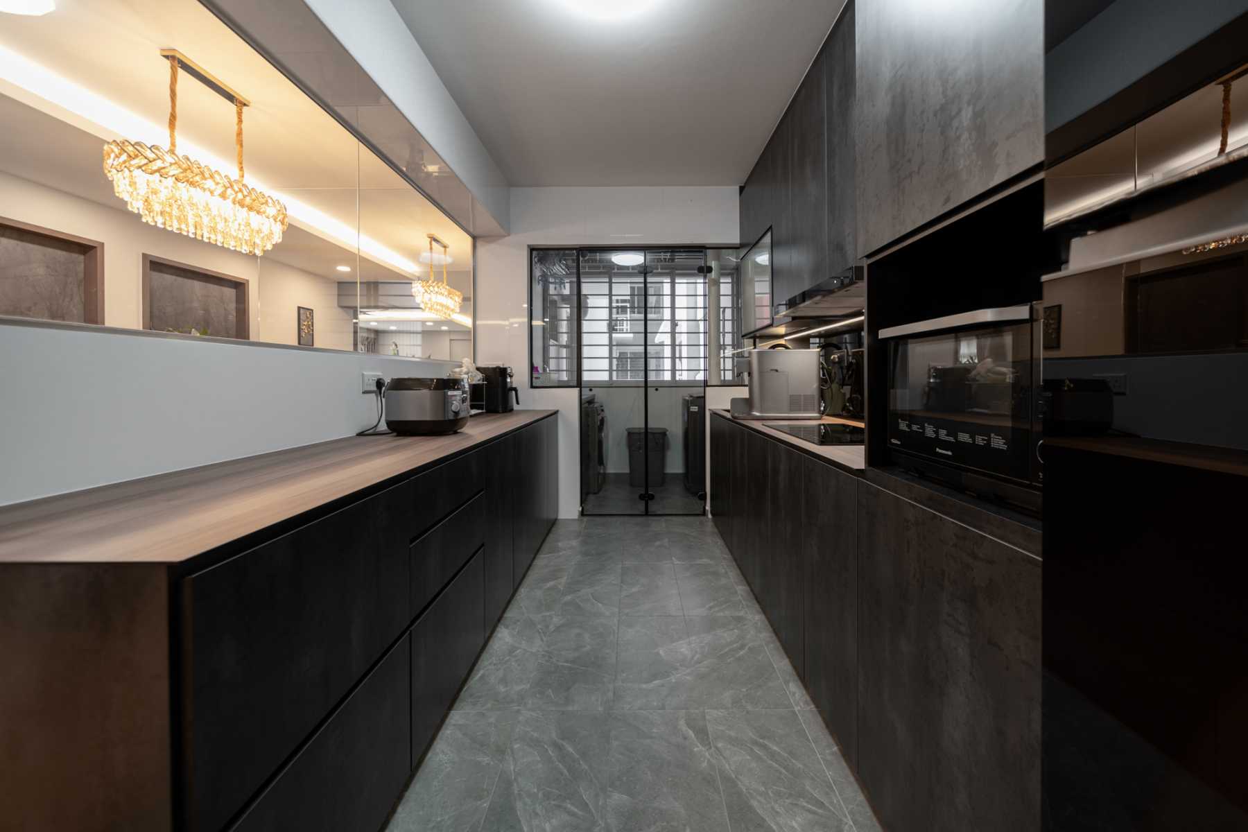 Modern Kitchen with Countertop and Glass Door