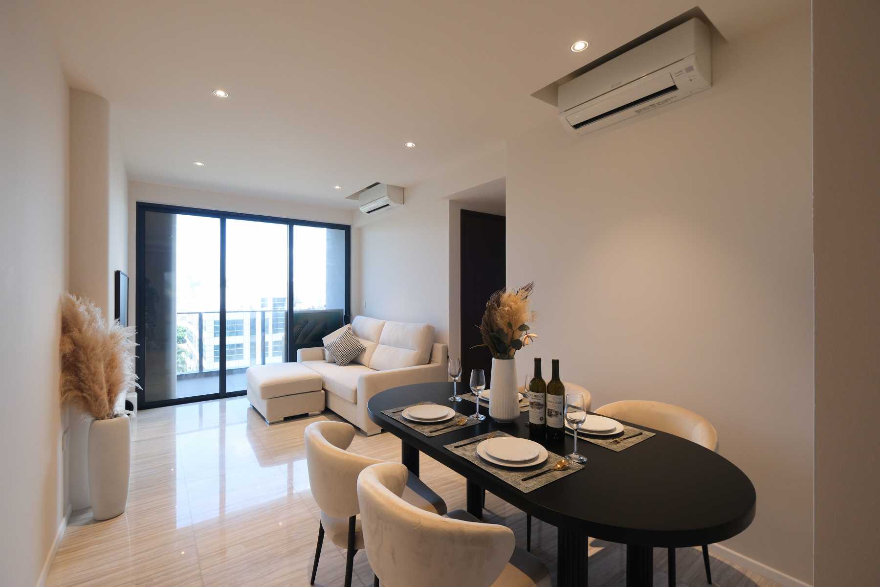 Minimalist Dining Room with Ceiling Light and Dining Table