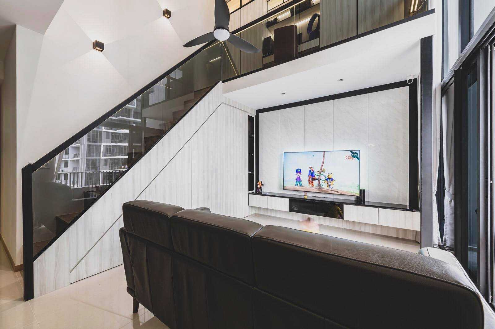 Modern Hallway with Bookshelf and Artwork