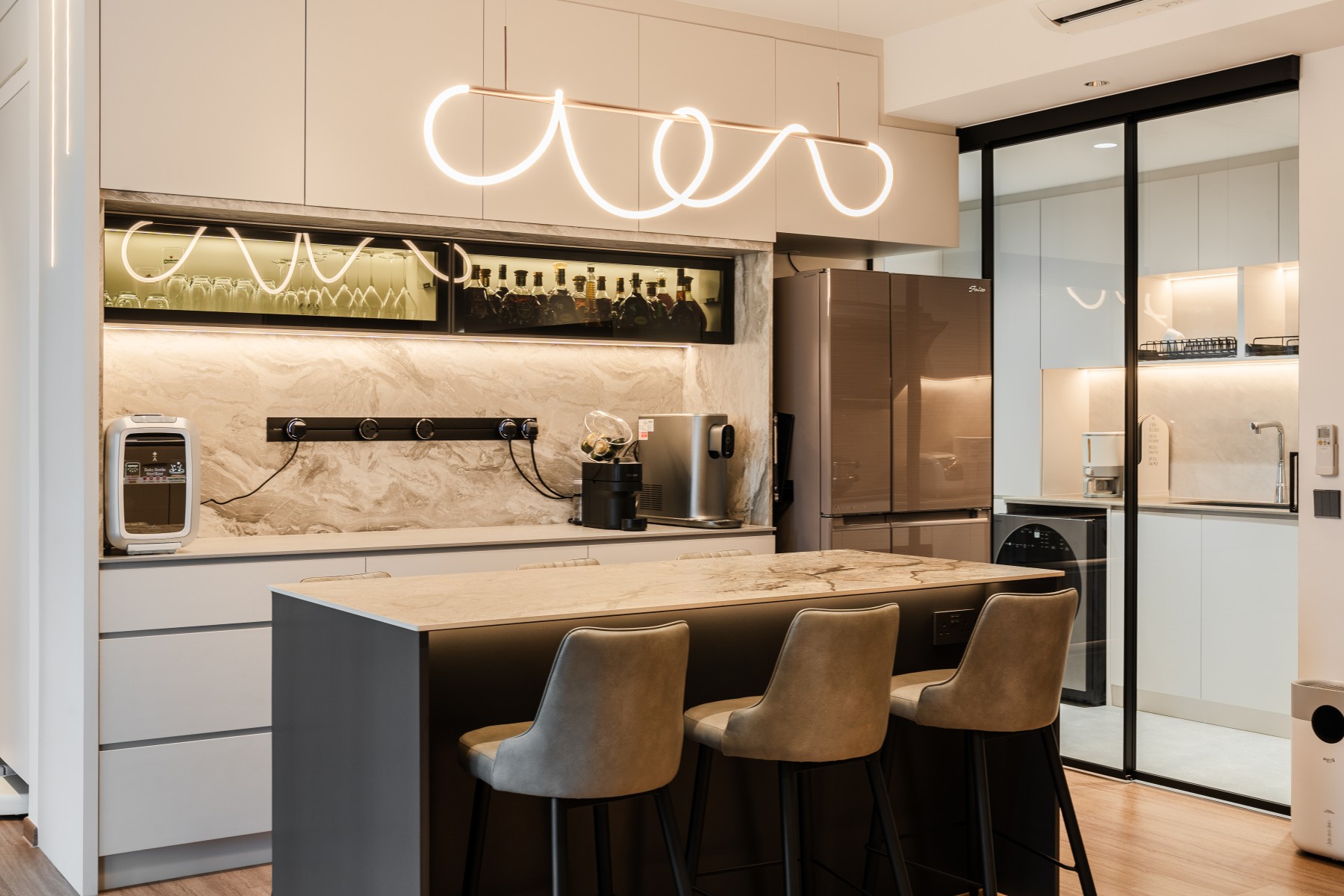 Contemporary Kitchen with Wood Flooring and Kitchen Window