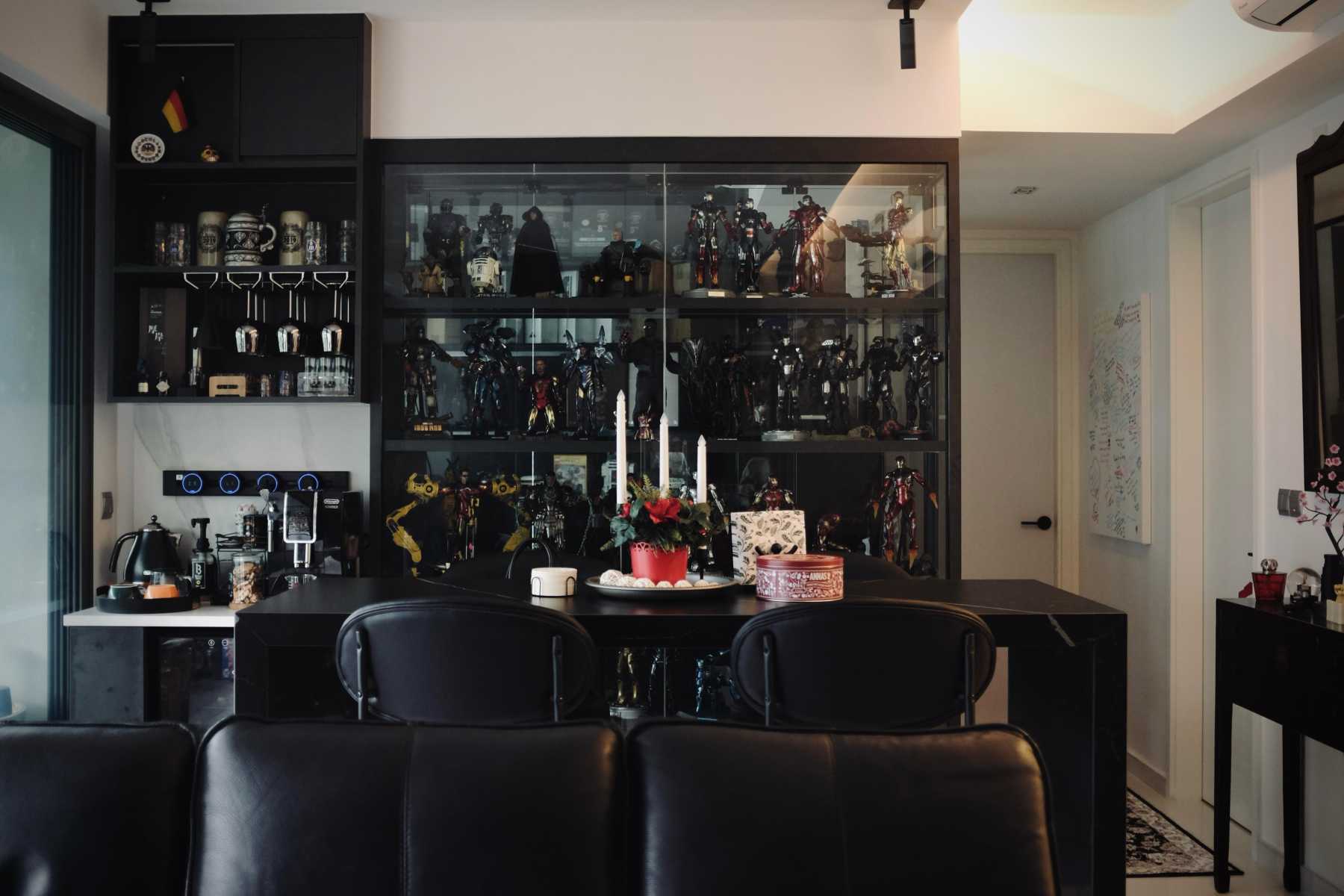 Industrial Dining Room with Drop Ceiling and Downlights