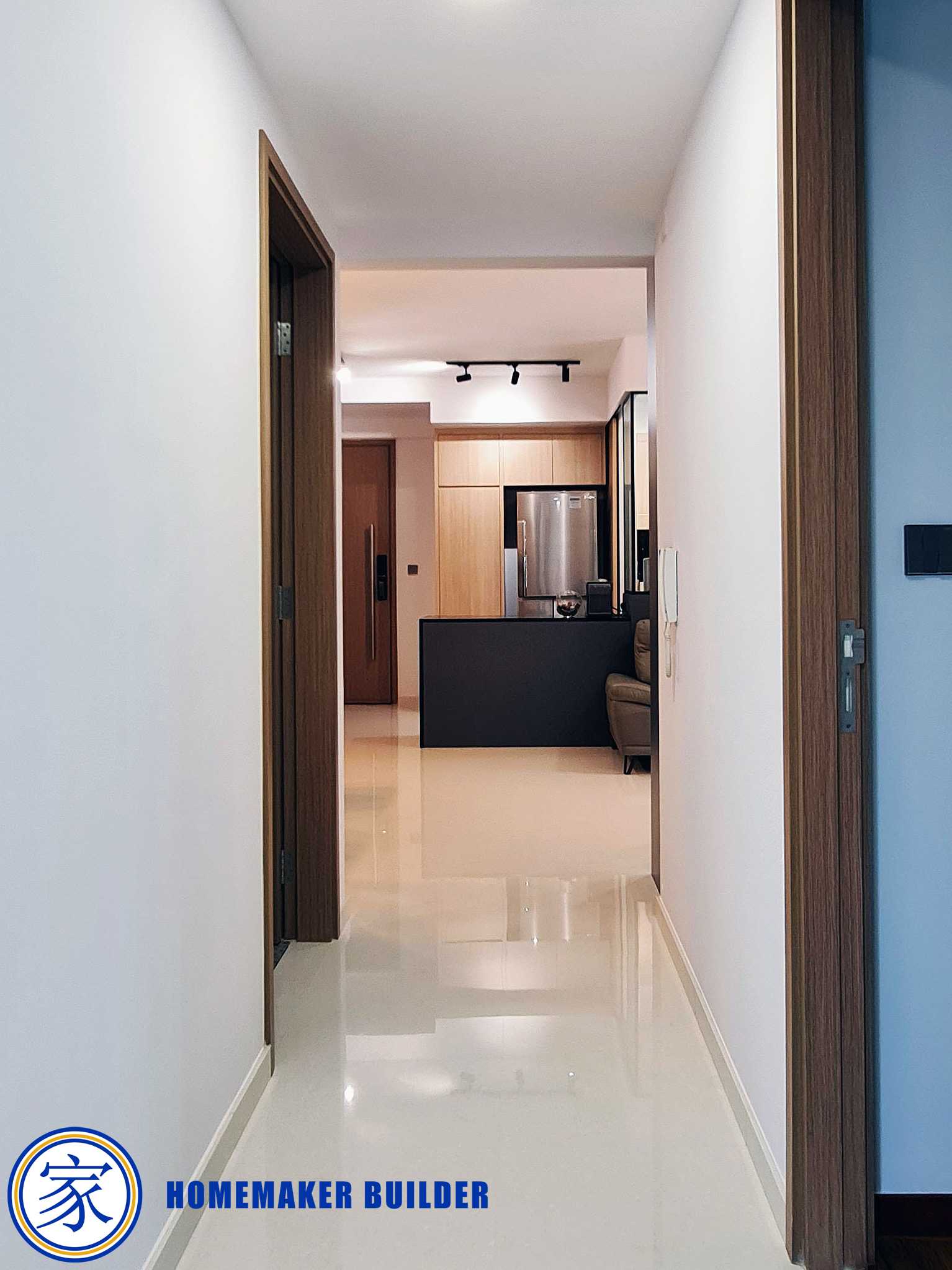 Contemporary Hallway with Countertop and Kitchen Island