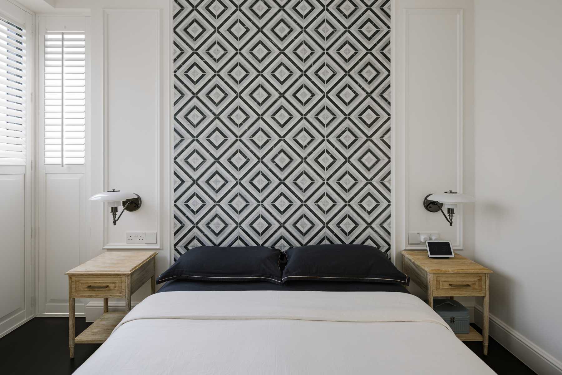 Modern Bedroom with Window Shutters and Bedside Table