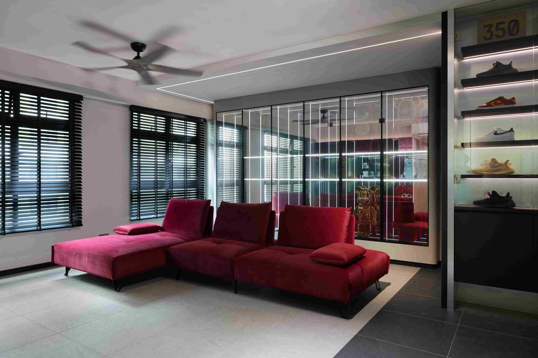 Modern Living Room with Sofa and Display Cabinets