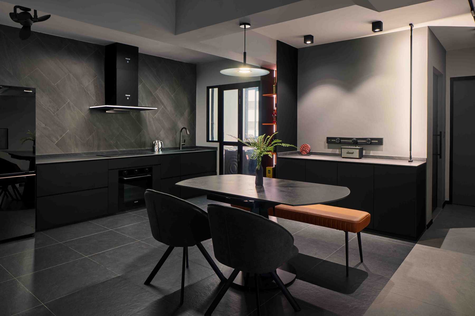 Modern Dining Room with Drop Light and Chandelier