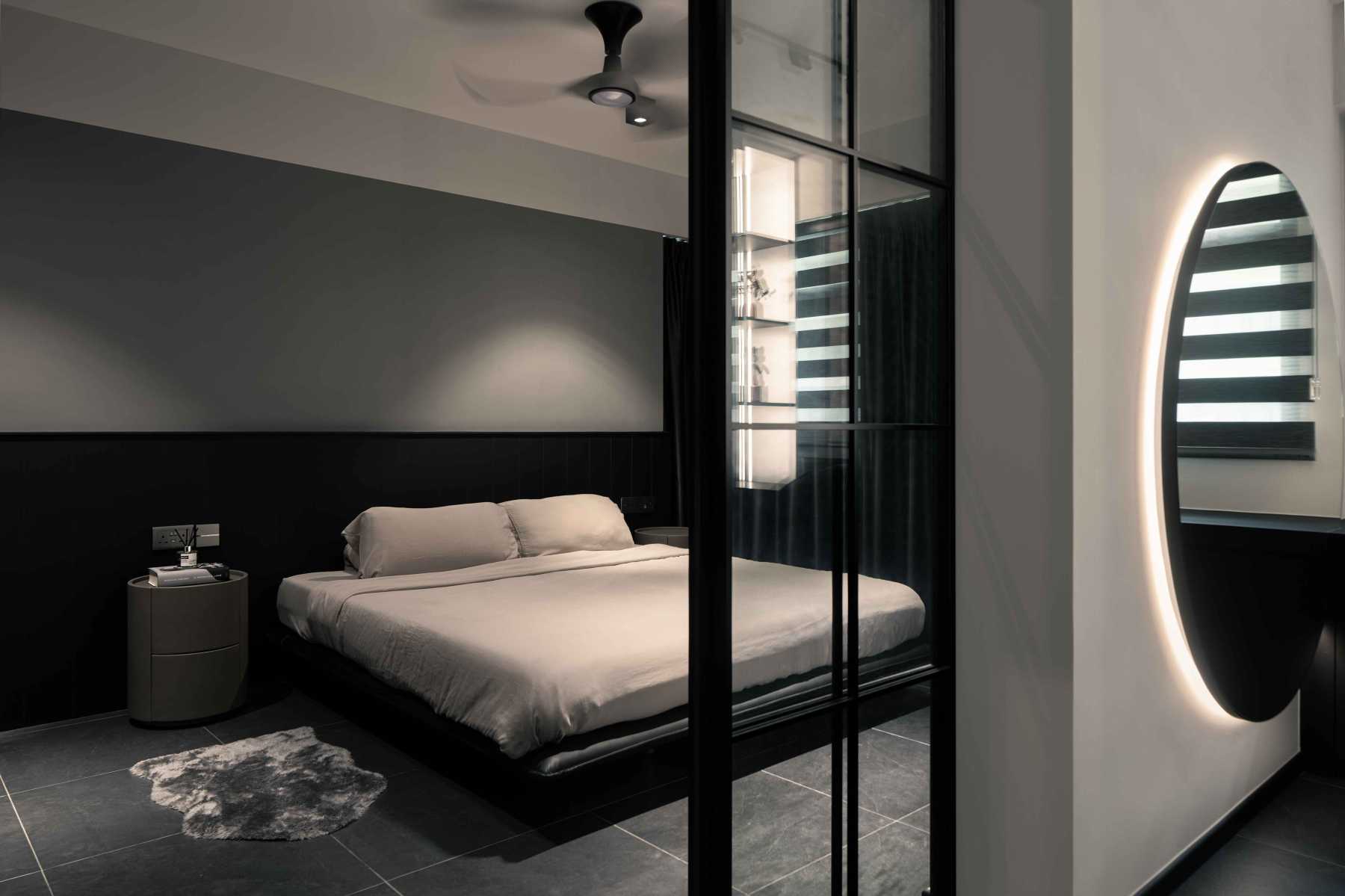 Modern Bedroom with Bookshelf and Platform Bed